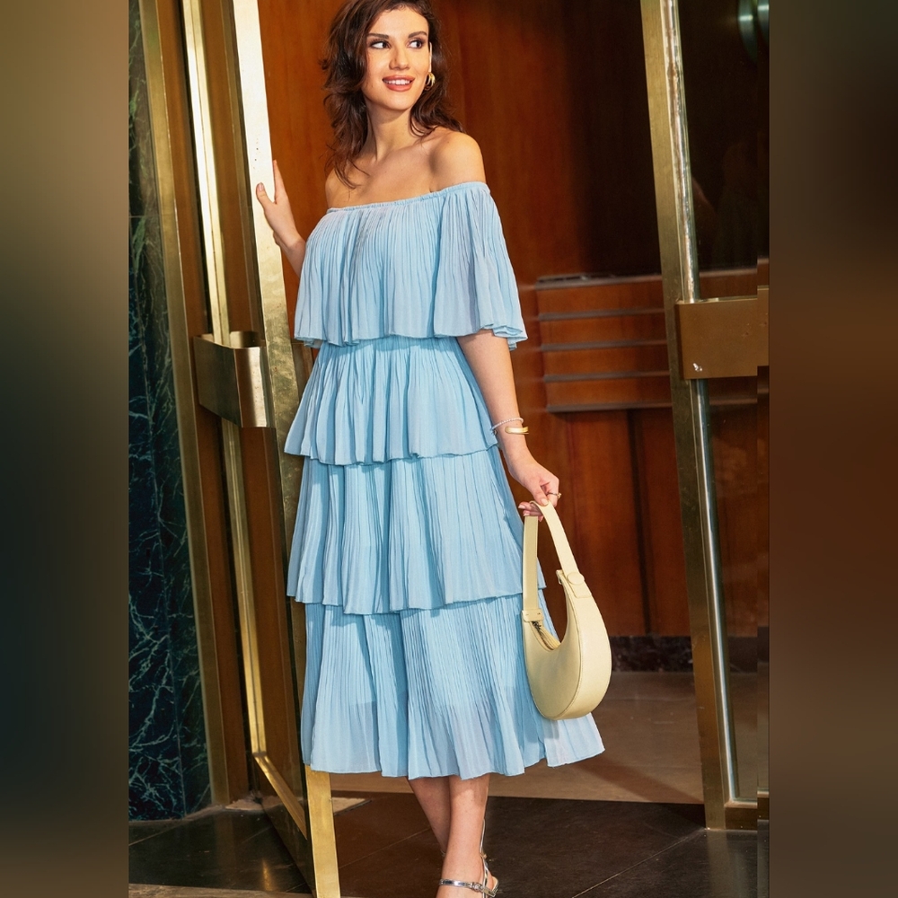Baby Blue Off-Shoulder Ruffle Tier Dress Size S